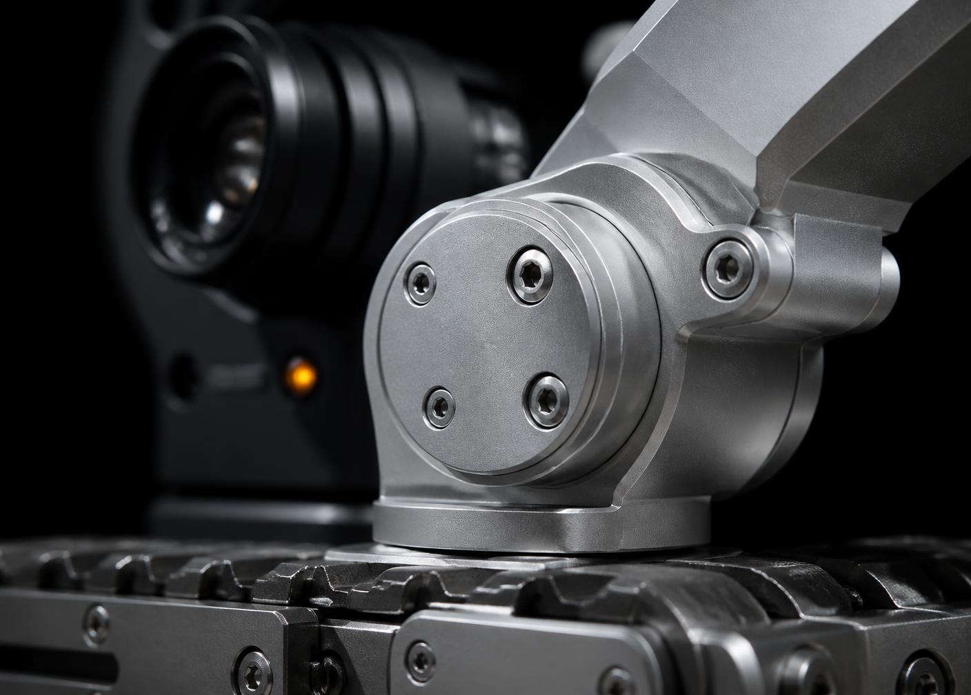 Machined aluminium robotic joint above a track assembly with a machine vision lens behind