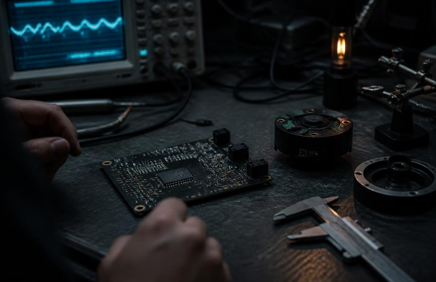 An engineer working on a bare circuit board beside an oscilloscope and machined sensor housings