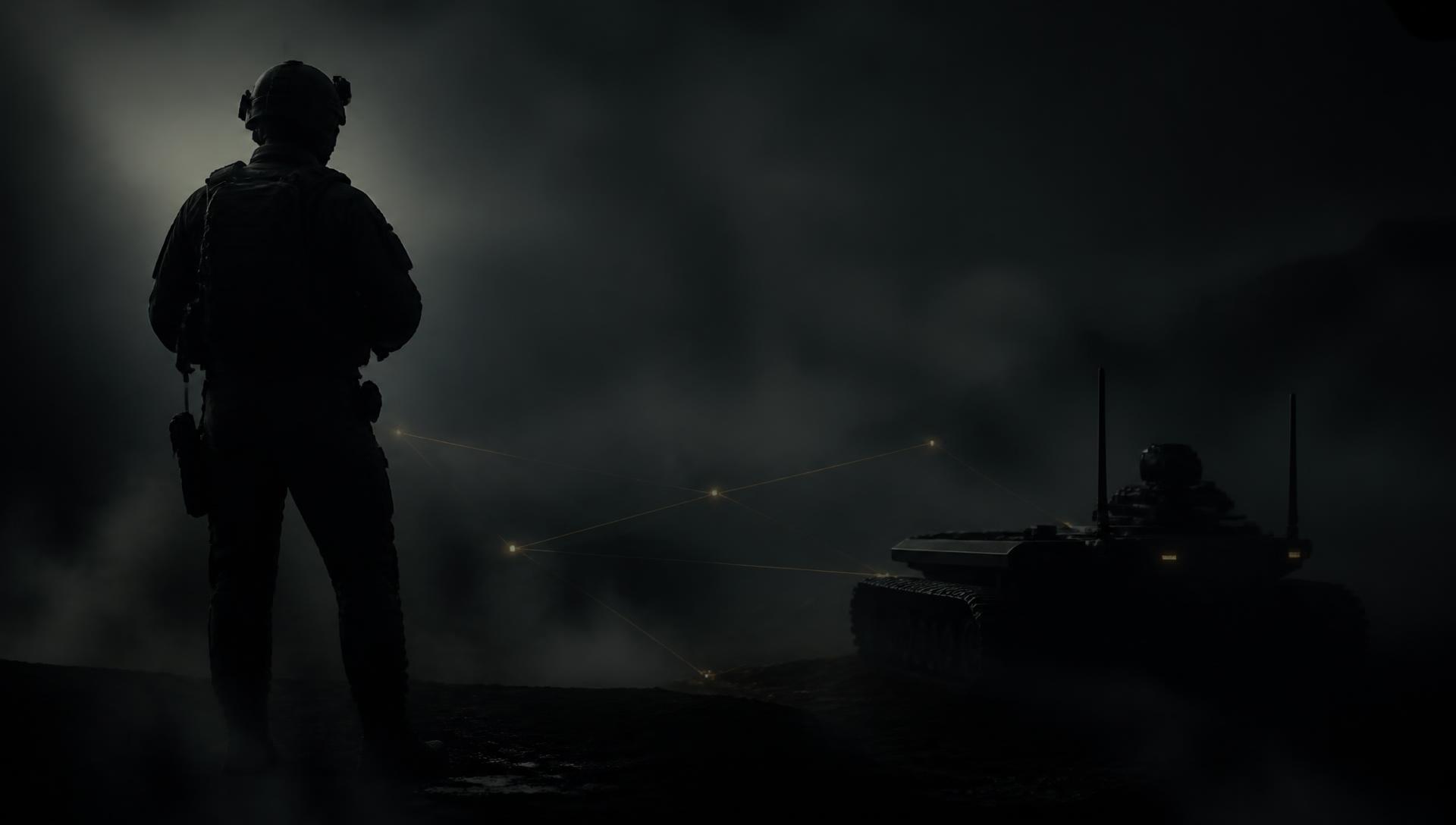 A soldier silhouette and an uncrewed ground platform linked by a faint network of light