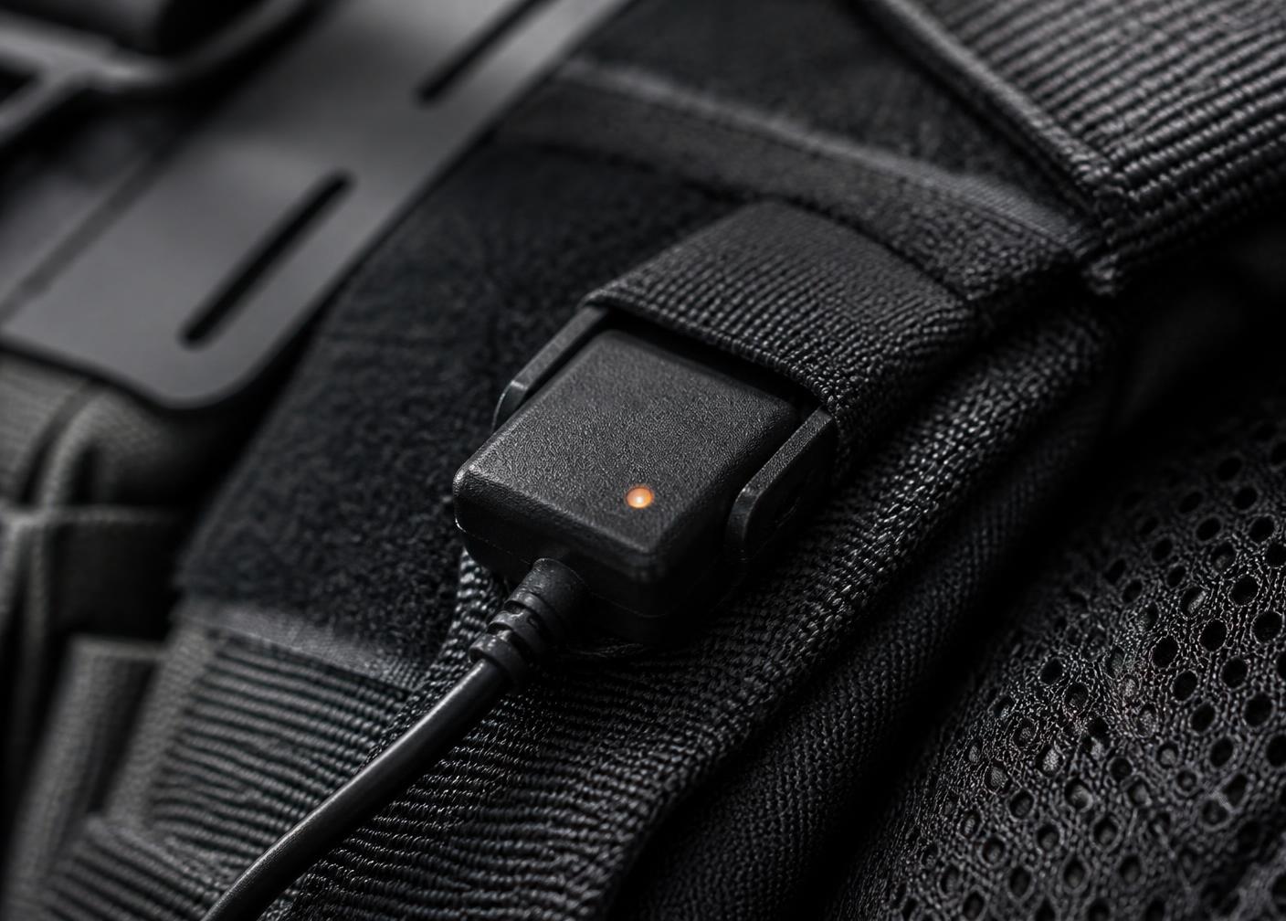 Close-up of tactical webbing with an integrated sealed electronics module